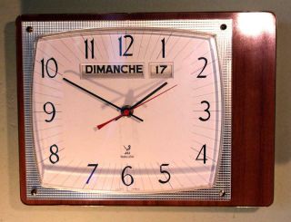 Vintage Retro French Jaz Calendar Wall Clock 1960s Teak Atomic Modernist