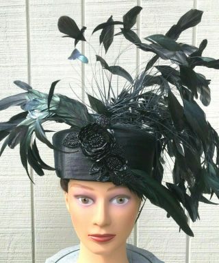 Rare Whittall & Shon Vintage Black Pillbox Feather Hat Derby - Size 22 1/2