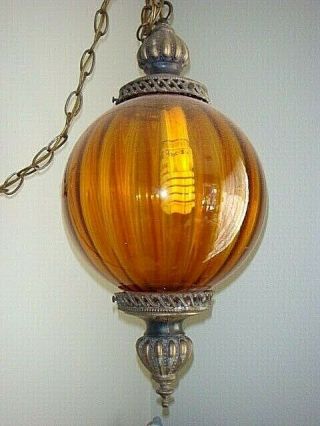 Vintage Amber Glass Globe Ball Shade Hanging Swag Light Fixture 10 " X 20 Tall
