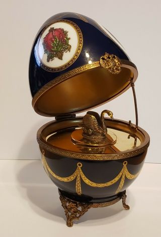 Faberge Limoges Porcelain Musical Swan Egg Ltd 1176 Rare Signed Cobalt Blue Gold
