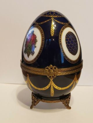 FABERGE LIMOGES PORCELAIN MUSICAL SWAN EGG LTD 1176 RARE SIGNED COBALT BLUE GOLD 2