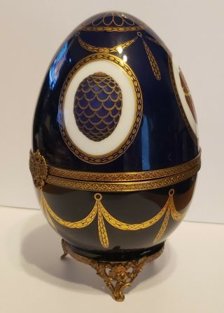 FABERGE LIMOGES PORCELAIN MUSICAL SWAN EGG LTD 1176 RARE SIGNED COBALT BLUE GOLD 3