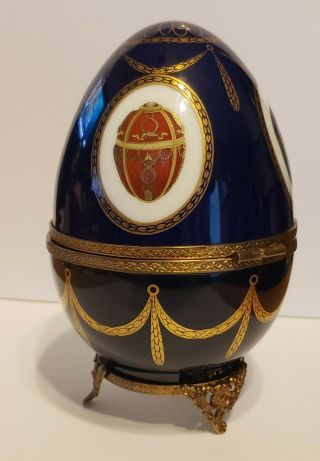 FABERGE LIMOGES PORCELAIN MUSICAL SWAN EGG LTD 1176 RARE SIGNED COBALT BLUE GOLD 4