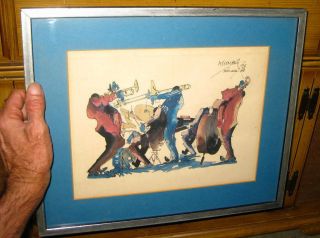 Signed Vintage Watercolor Painting Orleans Jazz Band / Black Americana Music