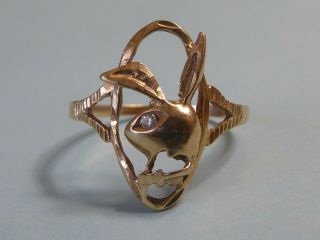 Vintage 1970s 14k Yellow Gold Playboy Bunny Ring W/ Diamond Eye - Size 7