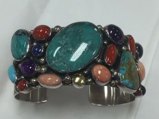 Vintage Navajo Sterling Silver,  Turquoise,  Coral,  Amethyst Cuff Bracelet Signed