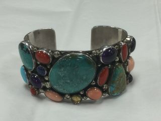 Vintage Navajo Sterling Silver,  Turquoise,  Coral,  Amethyst Cuff Bracelet SIGNED 2