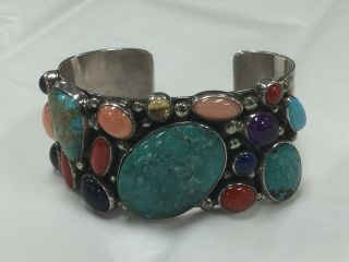 Vintage Navajo Sterling Silver,  Turquoise,  Coral,  Amethyst Cuff Bracelet SIGNED 4