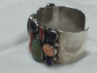 Vintage Navajo Sterling Silver,  Turquoise,  Coral,  Amethyst Cuff Bracelet SIGNED 6