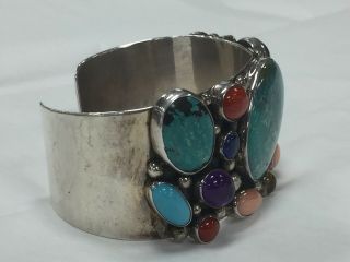 Vintage Navajo Sterling Silver,  Turquoise,  Coral,  Amethyst Cuff Bracelet SIGNED 7