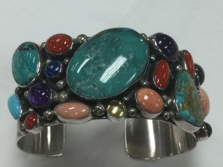 Vintage Navajo Sterling Silver,  Turquoise,  Coral,  Amethyst Cuff Bracelet SIGNED 8