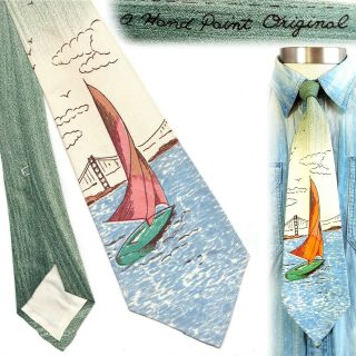 Vintage 1940s San Francisco Golden Gate Bridge Sailboat Hand Painted Necktie Tie