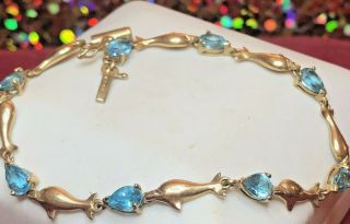 Estate Vintage 10k Gold Natural Blue Topaz Bracelet Dolphins Gemstones