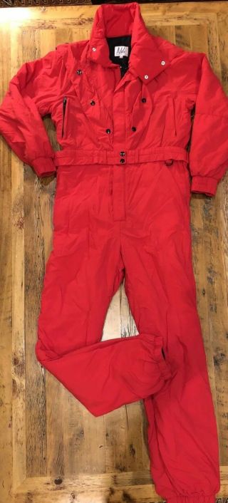 Vintage Nils Womens Size 14 One Piece Red Belted Ski Snow Suit Thinsulate Snaps