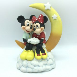 Vintage Disney Mickey & Minnie Mouse On The Moon Music Box Ceramic Figurine Euc