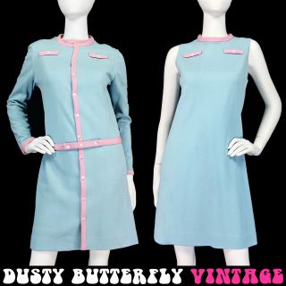 Vintage 60s Mod Dress & Coat Set Twiggy Pastel Coordinated Outfit 1960s S 4 6