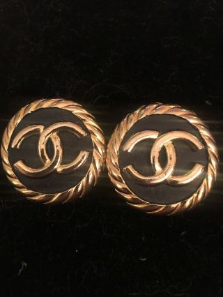 Authentic Rare Vintage Chanel Cc Logo Gold Black Round Hoop Clip Earrings