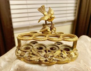 Vintage Matson Gold Brass Bird Dogwood Lipstick Holder