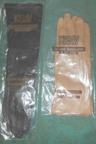2 Pairs Kislav French Kid Gloves Size 7 Silk Lined Washable Tan 11 " Black 15 "