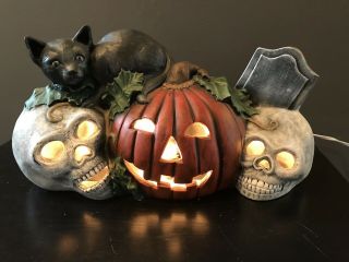 Vintage Ceramic Halloween Skulls Cat Tombstone Light Up Detail Handpaint