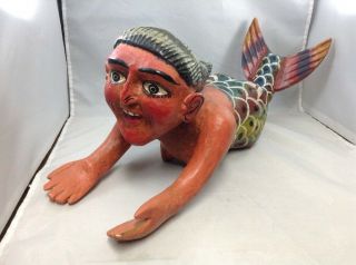 Vintage Mermaid Mexican Folk Art Carved Wood Hand Painted Siren Sea Creature