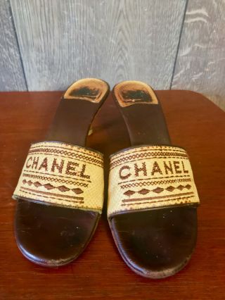 Vintage Chanel Open Toe Strap Sandals Wood High Heels Mules 6 1/2 Made In Italy