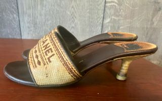Vintage Chanel Open Toe Strap Sandals Wood High Heels Mules 6 1/2 Made In Italy 2