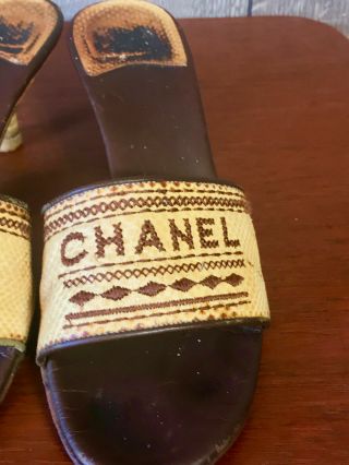 Vintage Chanel Open Toe Strap Sandals Wood High Heels Mules 6 1/2 Made In Italy 5
