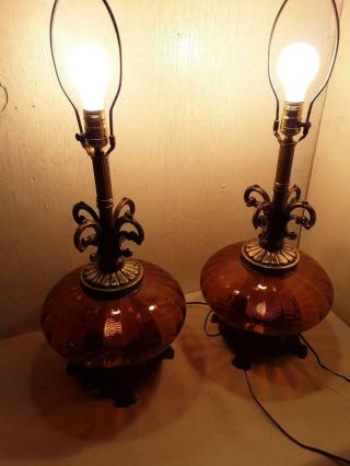 Vintage Mid - Century Modern Hollywood Regency Amber Glass Table Lamps