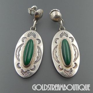 Vintage Navajo Sterling Silver Malachite Oval Stamped Dangle Post Earrings