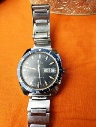 Vintage 1970’s Timex Q - Quartz Diver Watch Navy Blue Dial Blue Bezel Rare