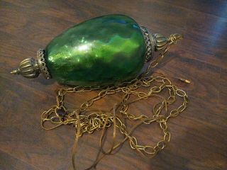 Vintage Mid Century Green Glass Gold Hanging Light Lamp 24 "