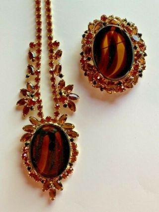 Vintage Juliana Necklace & Brooch Set - Tiger Eye,  Amber & Orange Stones
