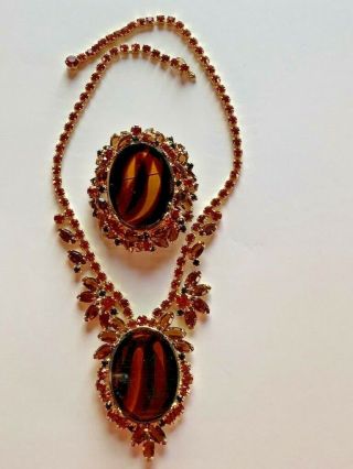 Vintage JULIANA Necklace & Brooch Set - Tiger Eye,  Amber & Orange Stones 2