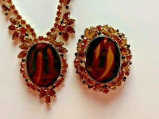 Vintage JULIANA Necklace & Brooch Set - Tiger Eye,  Amber & Orange Stones 3