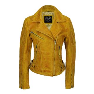 Ladies Yellow Vintage Soft Washed 100 Real Leather Biker Jacket Size Slim Fit