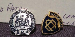 Civil Defense & Arp Canada Wwii Era Buttonhole Lapel Pins