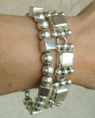 Set Of Two Vintage Cube And Ball Bead Link Bracelets From Mexico Sterling Silver