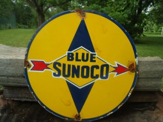 Old Vintage Sunoco Blue Gasoline Porcelain Gas Pump Sign