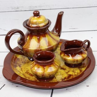 Blue Mountain Pottery Harvest Gold Tea Set Teapot Tray Creamer Sugar 4 Pc Vtg