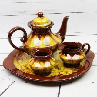 Blue Mountain Pottery Harvest Gold Tea Set Teapot Tray Creamer Sugar 4 Pc Vtg 2