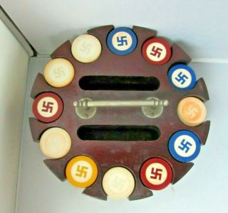 Over 250 Vintage Poker Chips Chip Good Luck Swastika Symbol W/ Wood Holder Case
