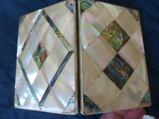 Antique Mother Of Pearl/abalone Card Case,  Blue Concertina Wallet Inside