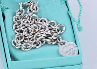Rare Return To Tiffany & Co.  Silver Blue Enamel Lettering Heart Charm Necklace