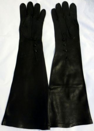Rare Vintage Reynolds & Kent Jet Black Long Leather Opera Gloves,  Size 9,  22 "