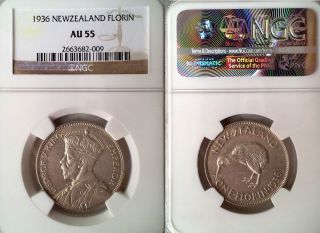 Zealand 1936 Florin,  Rare Key Date,  Ngc 55,  Low Mintage,
