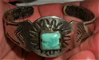 ANTIQUE c1930 NAVAJO COIN SILVER INGOT BRACELET TURQUOISE ARROW STAMPS vafo 2