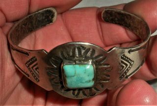 ANTIQUE c1930 NAVAJO COIN SILVER INGOT BRACELET TURQUOISE ARROW STAMPS vafo 3