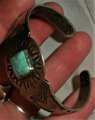 ANTIQUE c1930 NAVAJO COIN SILVER INGOT BRACELET TURQUOISE ARROW STAMPS vafo 8