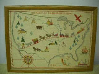 Incredible Vintage Embroidery Sampler 1954 History Of Transportation Usa Map